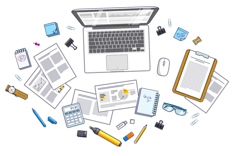 Office desk illustration showing laptop, notes and graphs, and desk items.